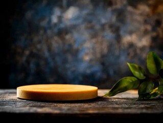 Aufkleber - Minimalist podium stand with a vibrant yellow surface stands before a textured stone backdrop, accented by a tropical leaf on the side, creating a modern arrangement