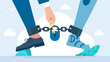 © Yurii - Concept of technology issue, cheating, reliance on AI. Man was freed from robot or chat bot addiction. Open shackles. Fighting technology and computer addiction. Social issues. Vector illustration