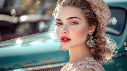 Wall Mural - a young woman wearing a vintage-style dress, with classic makeup and accessories, posing in front of
