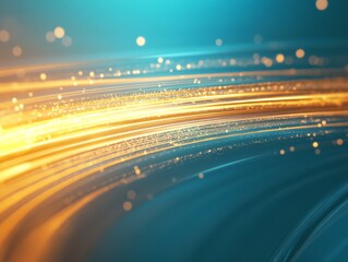 Fototapete - Soft streaks of gold and blue lights merge in a vibrant display, forming a glowing focal point with an expansive area for text on the right side