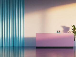 Poster - Pop-up shop showcases a pastel aesthetic with geometric wall panels, a pink display counter, and soft blue curtains, creating a serene shopping atmosphere