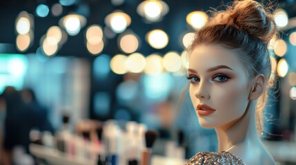 Wall Mural - a blurred background of a beauty salon with a mannequin wearing a chic outfit and makeup in the fore