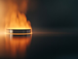 Fototapete - A single flame rises gracefully, casting warm orange reflections on a smooth surface below, creating a mesmerizing contrast with the deep black backdrop