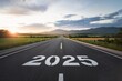 © RHL Studio - 2025 Goal plan action, Business target and growth strategy. New year resolution and challenge. 2025 on the road in the middle of asphalt road with at sunset forward and planning to the goal