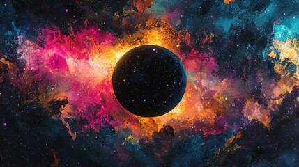 a black planet surrounded by a nebula in a cosmic landscape with colorful gas clouds.