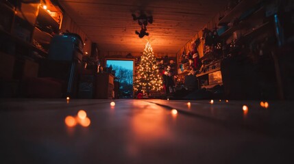 Aufkleber - A warm and inviting shop showcases a beautifully decorated Christmas tree, creating a festive atmosphere perfect for the holiday season