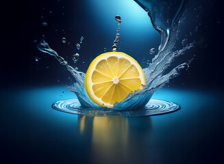 Poster - A vibrant lemon slice creates a dynamic splash in clear blue water.  The contrasting colors and the water's movement make for a striking image.
