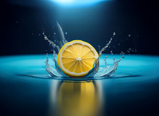 Poster - A vibrant lemon slice creates a captivating splash upon hitting a dark blue water surface.  The scene is dramatically lit from above.