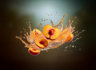 Poster - Juicy peach halves suspended in a vibrant splash of their own nectar, against a blurred background.  A burst of summer freshness.