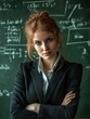 © zakiroff - Confident woman teacher with red hair in business suit standing in front of blackboard in classroom, education leadership concept