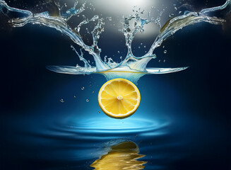 Poster - A vibrant lemon slice perfectly centered in a dynamic water splash, creating concentric ripples on a deep blue surface.  The scene is dramatically lit, highlighting the juicy citrus and the energy of 