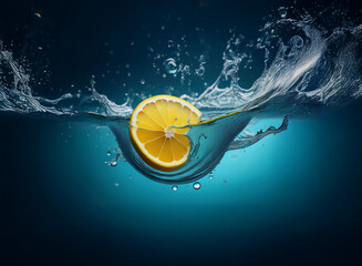 Poster - A vibrant lemon slice, halved, creates a dynamic splash as it enters clear water.  The contrasting colors and motion capture a refreshing moment.