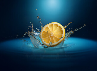 Poster - A vibrant lemon slice creates a dynamic splash in a deep blue liquid.  The image showcases the citrus fruit's juicy interior and the energy of the impact.
