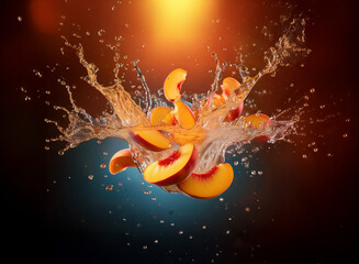 Poster - Juicy peach slices explode in a vibrant splash of liquid, creating a dynamic, colorful composition against a dark background.  The lighting highlights the freshness and texture.