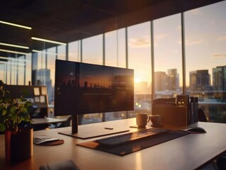 Fototapete - A minimalist desk displays a sleek monitor, a ceramic coffee cup, and a small potted plant, all bathed in soft natural light from a large window