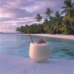 Wall Mural - Tropical Paradise Coconut Cream Drink at Sunset Beach