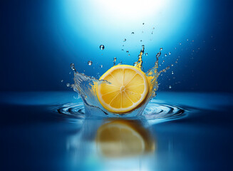 Aufkleber - A vibrant lemon slice creates a dynamic splash in clear blue water.  The image showcases the juicy citrus fruit's impact, captured in a moment of refreshing action.