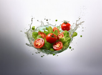 Poster - Fresh salad ingredients suspended in a dynamic water splash.  Vibrant red tomatoes and crisp green lettuce create a visually appealing composition.  The image showcases healthy eating.