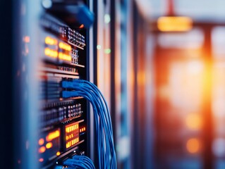 Aufkleber - Neatly arranged blue cables connect glowing network switches in a structured data center aisle under industrial lighting, providing a clean and organized appearance