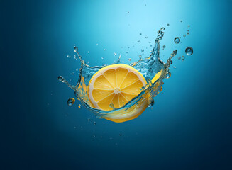 Poster - A vibrant lemon half creates a dynamic splash in clear blue water.  The image evokes freshness and thirst-quenching qualities.