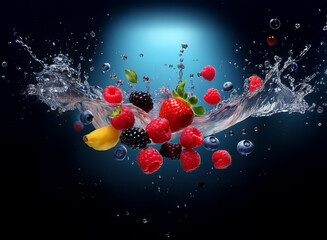 Poster - A vibrant splash of water freezes assorted berries and a banana mid-air, creating a dynamic, juicy image against a dark background.