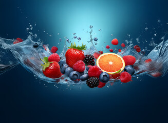 Aufkleber - Vibrant mix of fresh berries and citrus fruit splashing in clear water.  A burst of color and juicy freshness.