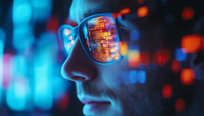 reflection of code or data on glasses of a businessman
