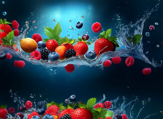 Aufkleber - Vibrant mix of fresh berries and fruit splashing into cool water, creating a dynamic and refreshing image.  Water droplets and splashes add to the lively scene.