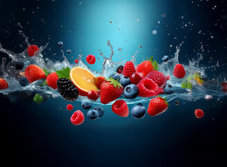 Poster - Vibrant mix of berries and an orange splashing into clear water, creating a dynamic, refreshing scene.  The image evokes feelings of juicy sweetness and summer.