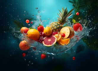 Aufkleber - A vibrant splash of tropical fruits, including pineapple, strawberries, and citrus, explodes in a burst of color and freshness against a dark teal backdrop.  The water droplets create dynamic energy.