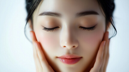 Aufkleber - 目を瞑っている若くて綺麗なアジア人女性モデル。頬に手を当てている美容ケアのシーン。