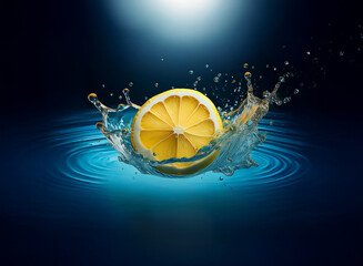 Aufkleber - A vibrant lemon half creates a captivating splash in dark blue water.  The scene is dramatically lit, highlighting the juicy citrus and dynamic water ripples.