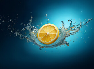 Aufkleber - A vibrant lemon slice creates a dynamic splash in clear water against a deep blue background.  The image evokes freshness and zest.