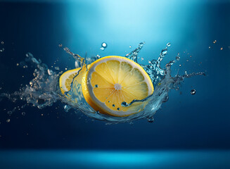 Aufkleber - Two lemon slices splash into clear water, creating a vibrant, refreshing scene against a deep blue backdrop.  The water droplets and splash are dynamic and full of energy.