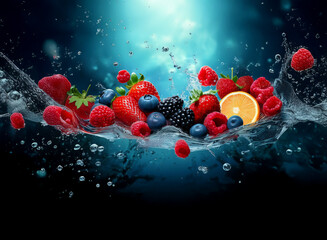 Aufkleber - Fresh berries and an orange burst from water, creating a vibrant splash of color and juicy refreshment.  The scene is dark blue, highlighting the fruit's bright hues.