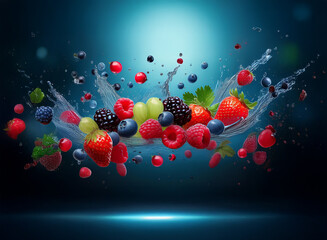 Poster - A vibrant splash of assorted berries and grapes, frozen mid-air against a dark blue background.  The water droplets showcase the freshness and juiciness of the fruit.