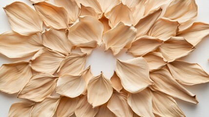 A delicate arrangement of soft beige flower petals on a white background.