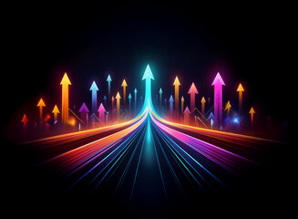 Poster - Glowing arrows converge on a vibrant, multicolored highway leading to success.  It symbolizes upward mobility, progress, and future growth.