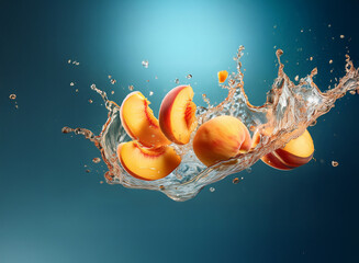 Aufkleber - Juicy peach slices splash into water, creating a vibrant, refreshing scene.  The water droplets and fruit are suspended in mid-air against a deep blue background.