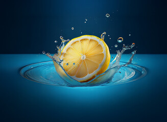 Aufkleber - A lemon half creates a vibrant splash in still blue water. The citrus fruit's yellow contrasts beautifully with the deep blue background, capturing a moment of refreshing dynamism.