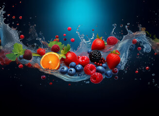 Poster - Vibrant berries and citrus fruit suspended in a dynamic water splash against a deep blue background.  A refreshing, juicy image.