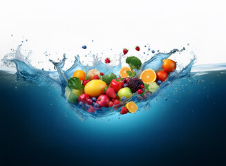 Aufkleber - Vibrant fruits and vegetables splash into clear blue water, creating a refreshing, healthy image.  The colorful produce contrasts beautifully against the deep blue.