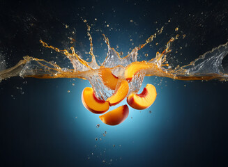 Aufkleber - Juicy peach slices splash into water, creating a vibrant, dynamic scene with droplets and waves.  The background is a deep blue.