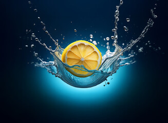 Poster - A vibrant lemon slice creates a dramatic splash in a dark blue water. The backlit scene showcases the citrus fruit's juicy segments and the dynamic movement of the water.