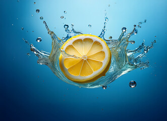 Wall Mural - A lemon slice creates a vibrant splash in clear blue water.  The image showcases the citrus fruit's juicy segments and the dynamic energy of the water's movement.