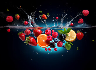 Aufkleber - Vibrant berries and citrus fruit splash into cool water, creating a refreshing and dynamic scene.  The image showcases the juicy textures and bright colors of the fruit.