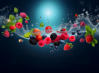 Poster - Vibrant raspberries, strawberries, blueberries, and blackberries splash into clear water, creating a refreshing summer scene.  The dark background accentuates the bright colors of the berries and the 