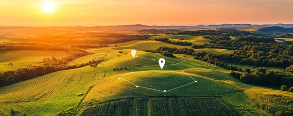 Aerial view of land plots with digital markers and network lines, representing the concept of land plot areas and geographic mapping