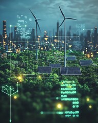 Aufkleber - Conceptual design of ecofriendly power systems, with wind turbines, solar panels, and green technology combined to symbolize sustainable energy engineering solutions
