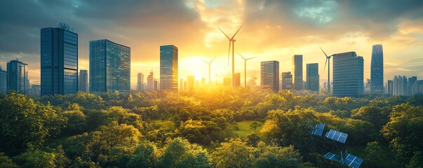 Poster - Conceptual image of wind turbines, solar panels, and green energy technology integrated into a modern cityscape, symbolizing sustainable power engineering and ecofriendly solutions